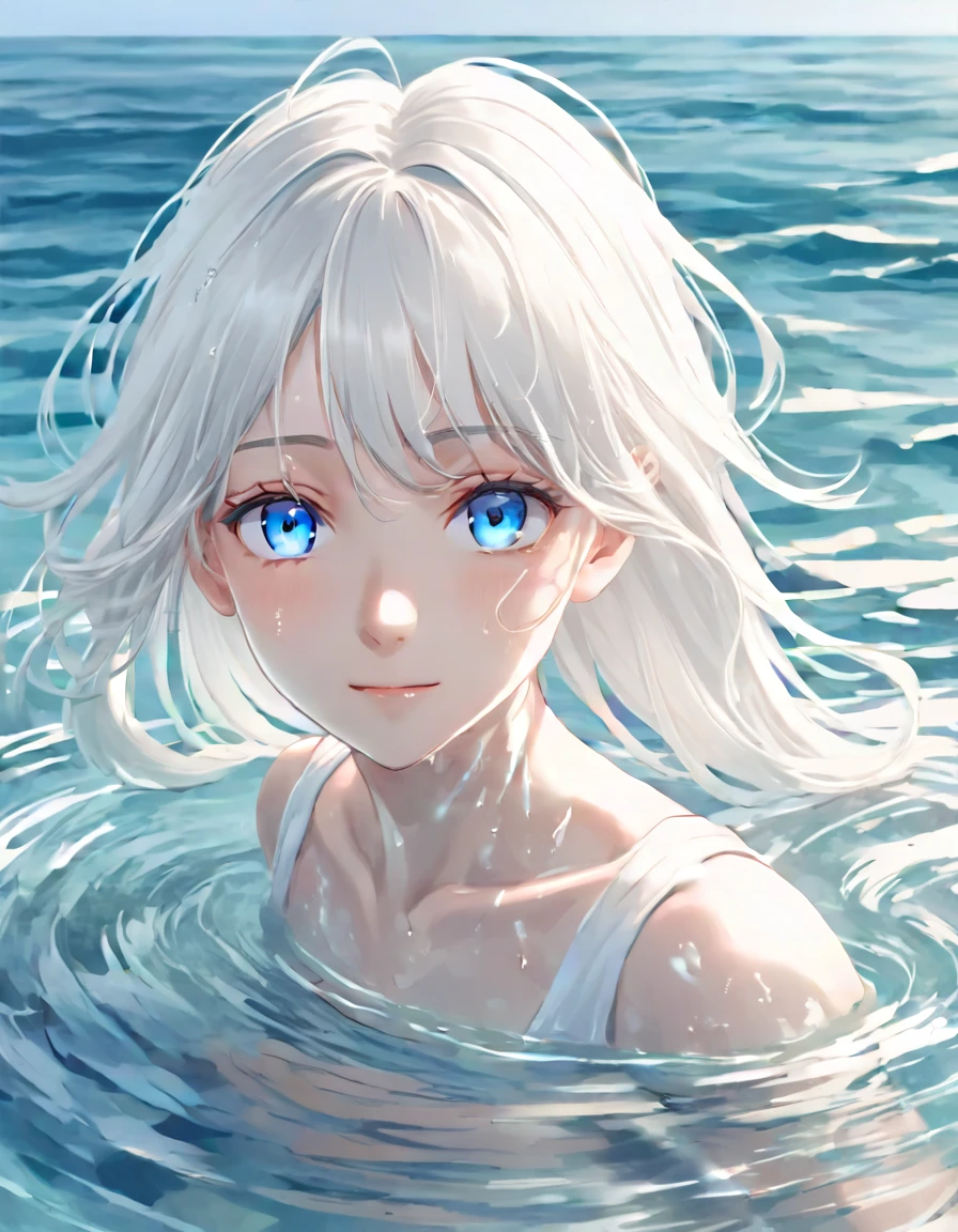 Anime style female character in water, (long  white hair:1.2), (Kind expression:1.1), blue colored eyes, white top, (rippling effect of water around the body:1.3), sunlight reflecting on the water, Clear sky, subtle splashes of water, high-resolution digital art, soft color palette, atmosfera tranquila, (serene ocean background:1.1), Realistic water texture
