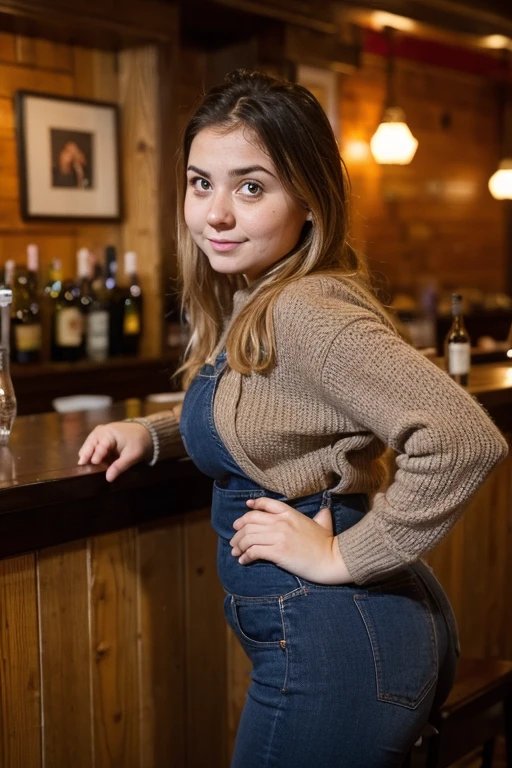 An overweight drunk Russian girl with a beautiful face in autumn clothes stands with her back to the camera leaning sideways against the wall in a bar