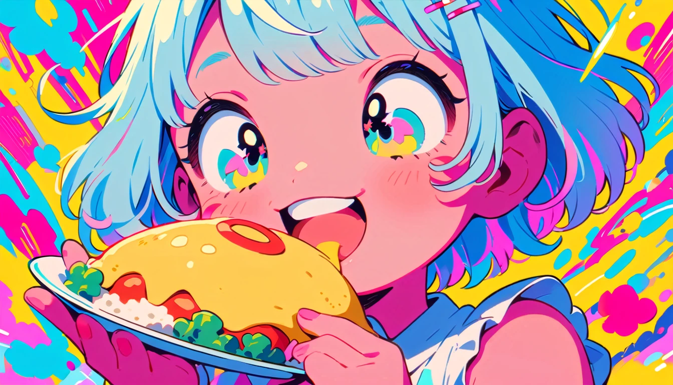 1 female, Light blue hair,　short hair、Happy,cute, animation style, kawaii, clearly, colorful cyberpunk, bubblegum pop, cute、Pink and light blue as main colors、eating omelet rice、