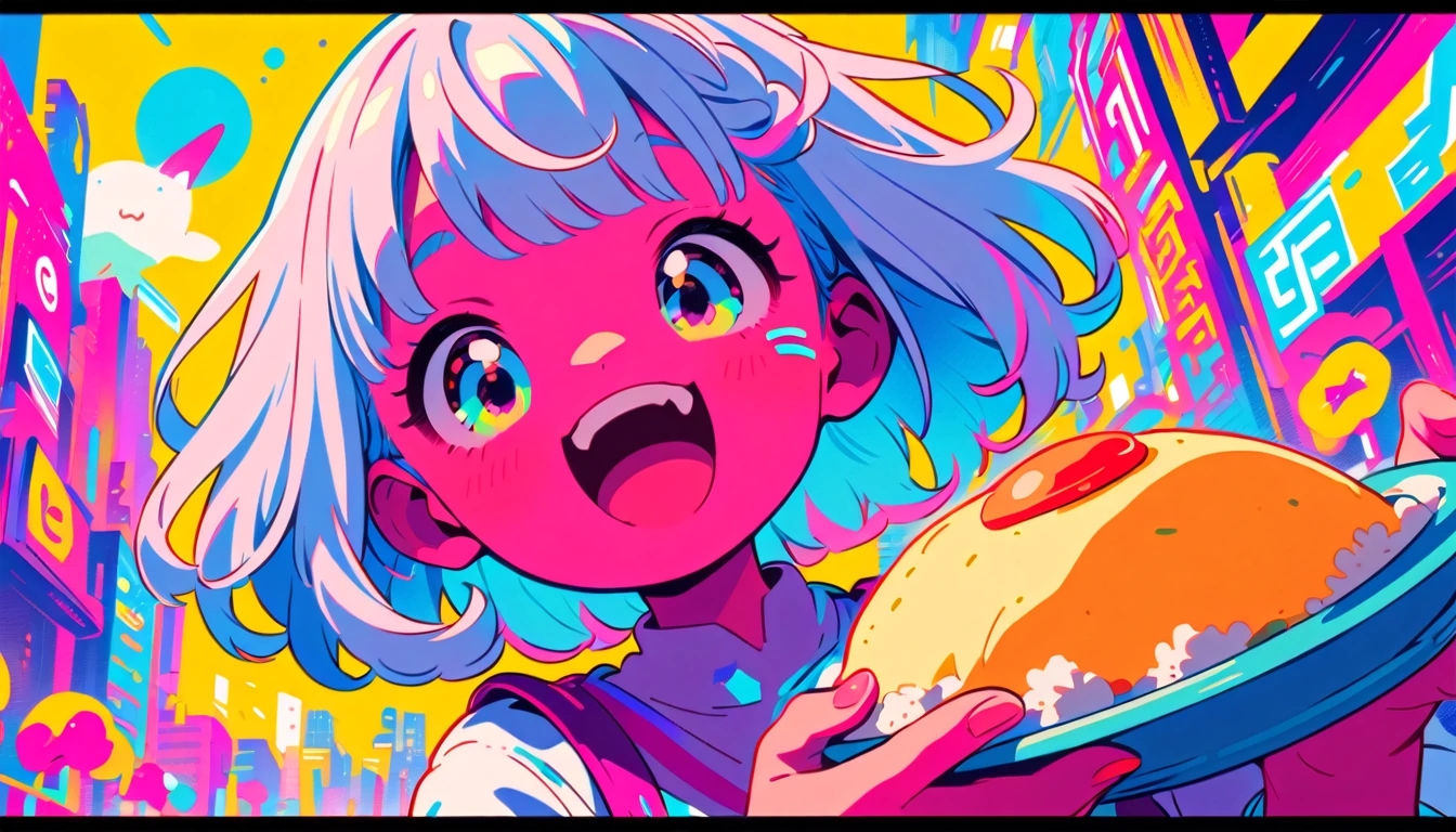 1 female, Light blue hair,　short hair、Happy,cute, animation style, kawaii, clearly, colorful cyberpunk, bubblegum pop, cute、Pink and light blue as main colors、eating omelet rice、