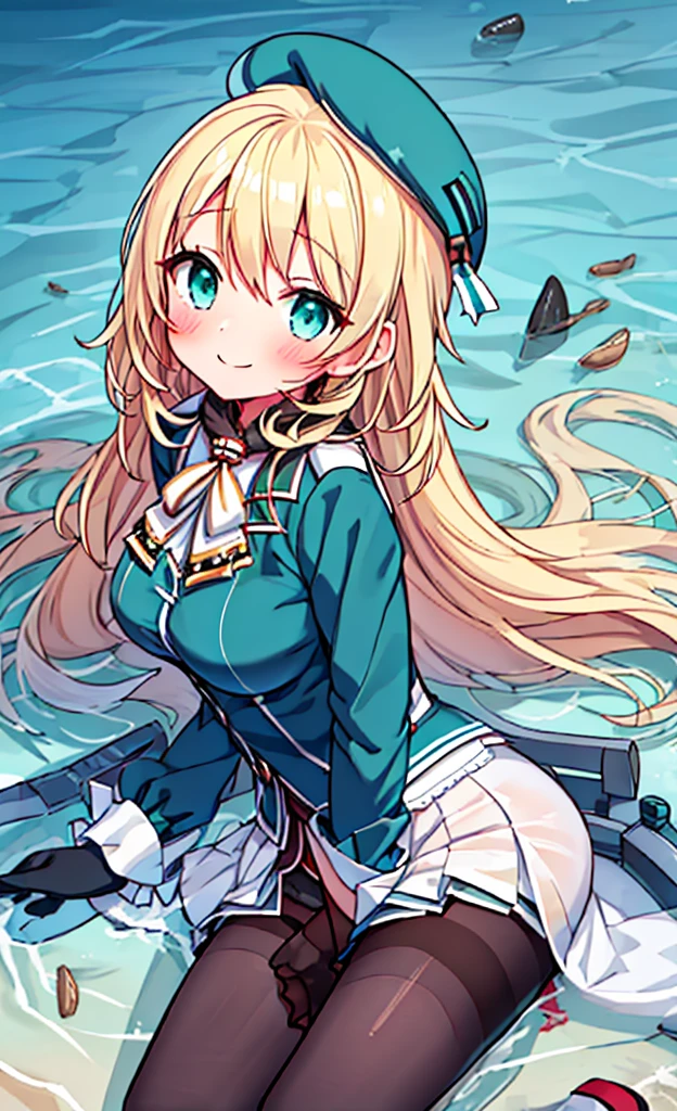 masterpiece,Highest quality,1 Girl,alone,blush with embarrassment,(boldline:1.6),(flat1:1.5), Atago, (Kantai Collection),(PORTRAIT:1.2),bionde_HAIR,LONG_HAIR,LARGE_BREASTS,HAT,SMILE,BERET,GREEN_eyes,blue_eyes,BLACK_GLOVES,BLACK INNER SKIRT,uniform,PANTYHOSE, (nsfw:1.2)