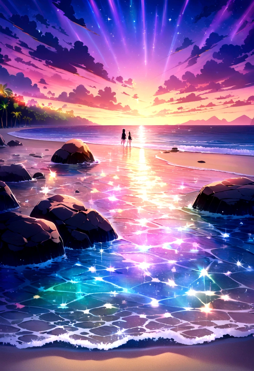 A group of glowing stones sits on the beach by the sea。, Colorful glow, Magical Beach, Bright glitter colors, Sparkling colors, Sparkling, rich colors, Colorful HD images, Breathtaking colors, Beautiful sunset, Colorful sunset, Give your water a sparkle, Beautiful Wallpapers, Scenic and colorful environment, Shining Reflection, Awesome Wallpapers, Colorful light, Clear neon water