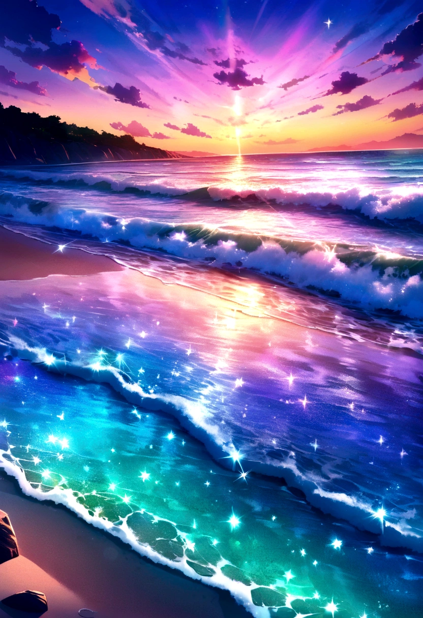 A group of glowing stones sits on the beach by the sea。, Colorful glow, Magical Beach, Bright glitter colors, Sparkling colors, Sparkling, rich colors, Colorful HD images, Breathtaking colors, Beautiful sunset, Colorful sunset, Give your water a sparkle, Beautiful Wallpapers, Scenic and colorful environment, Shining Reflection, Awesome Wallpapers, Colorful light, Clear neon water