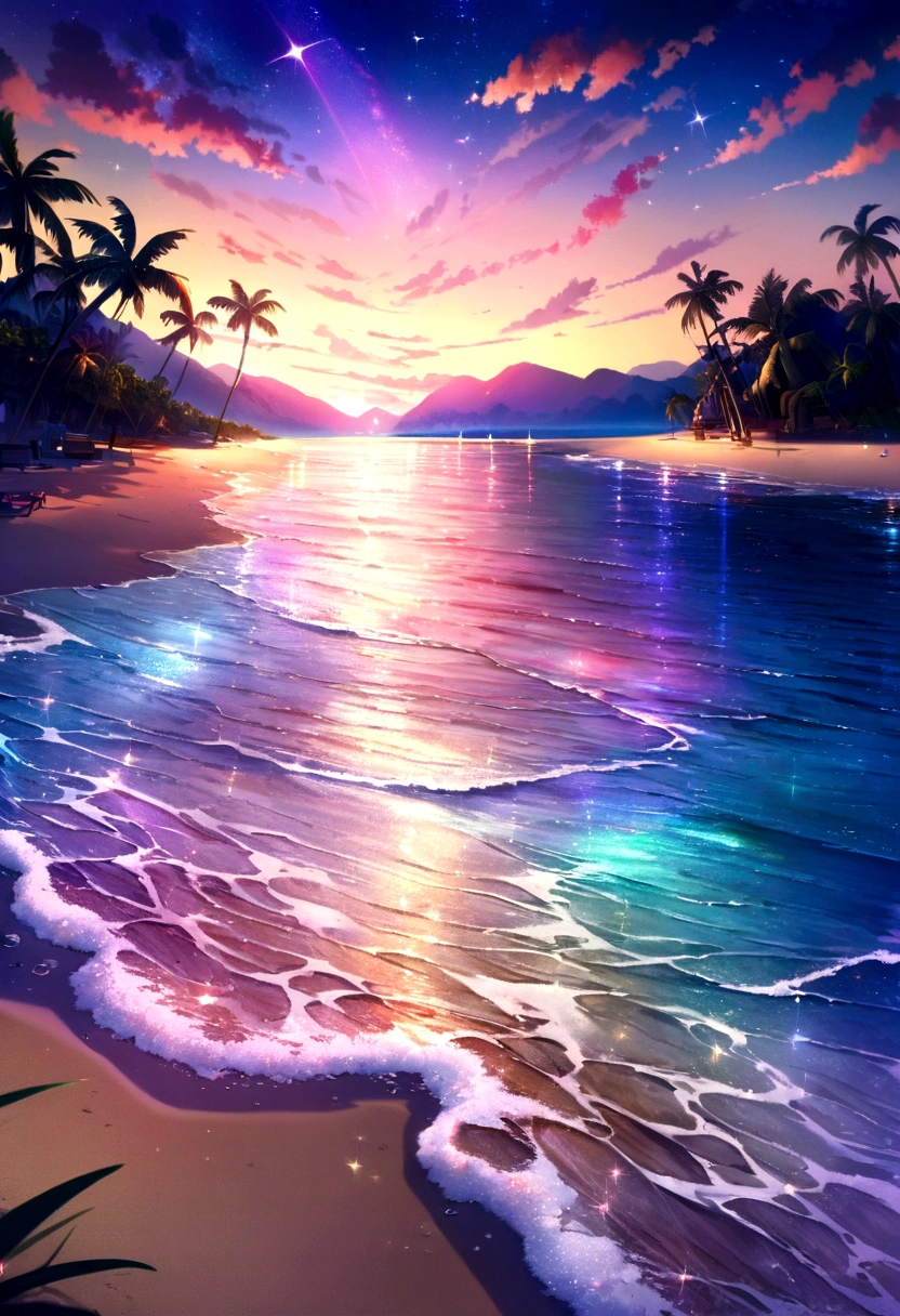 A group of glowing stones sits on the beach by the sea。, Colorful glow, Magical Beach, Bright glitter colors, Sparkling colors, Sparkling, rich colors, Colorful HD images, Breathtaking colors, Beautiful sunset, Colorful sunset, Give your water a sparkle, Beautiful Wallpapers, Scenic and colorful environment, Shining Reflection, Awesome Wallpapers, Colorful light, Clear neon water