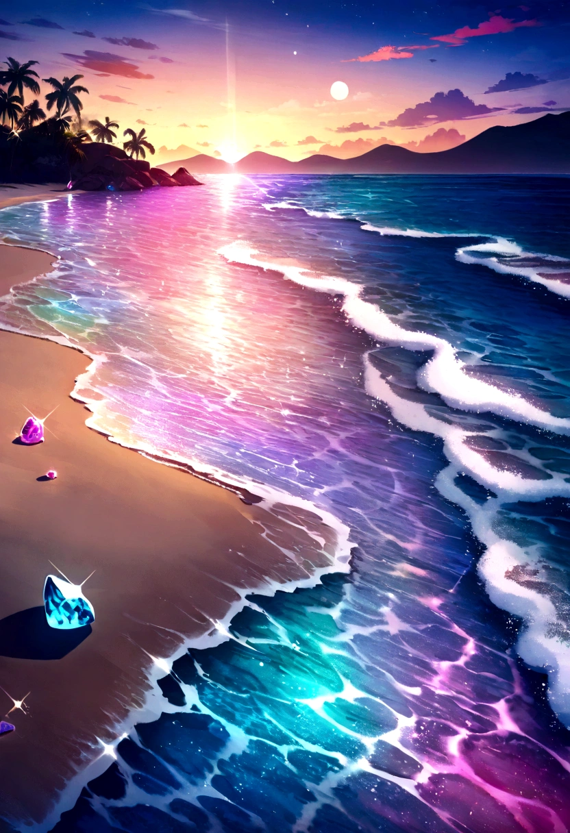 A group of glowing stones sits on the beach by the sea。, Colorful glow, Magical Beach, Bright glitter colors, Sparkling colors, Sparkling, rich colors, Colorful HD images, Breathtaking colors, Beautiful sunset, Colorful sunset, Give your water a sparkle, Beautiful Wallpapers, Scenic and colorful environment, Shining Reflection, Awesome Wallpapers, Colorful light, Clear neon water
