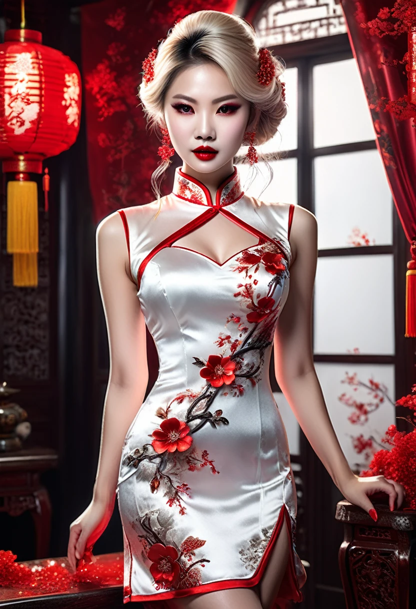 a beautiful female vampire wearing a (blood stained white Cheongsam: 1.5), an extremely beautiful female vampire, ultra detailed face, blond hair, long hair, wavy hair, dark glamour make up, pale skin, red lips, glowing red eyes, visible vampiric fangs, she wears a ((white Cheongsam: 1.5)), elegant, intricate detailed Cheongsam, silk Cheongsam, small cleavage, ((Cheongsam is decorated with gems: 1.4)), she wears elegant knee high heeled boots, exquisite knee high heeled boots, there are stains of blood on the upper part of the dress, dynamic background, best details, best quality, highres, ultra wide angle, 16k, [ultra detailed], masterpiece, best quality, (extremely detailed), full body, ultra wide shot, photorealistic, fantasy art, dnd art, rpg art, realistic art, RedGlitter