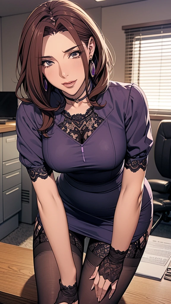 (Highest quality, Very detailed, Anime Images, Game CG, art CG, Realistic, Cinema Lighting, Perfect Shadow, Realistic lighting shading, Unity8k wallpaper), OL,Office Lady Costume, office worker (Stylish clothing), (Pencil Skirt), Black Pantyhose,Black knee high sock, Big Breasts, Long Hair, Mature Woman, (Lace panties), Perfect Eyes, Perfect Face, Earrings, (Purple garter belt: 1.1), Bible Black Style, Vulgar blush, nose, Watch Viewer, Sexy pose,Modern Office,Tabletop