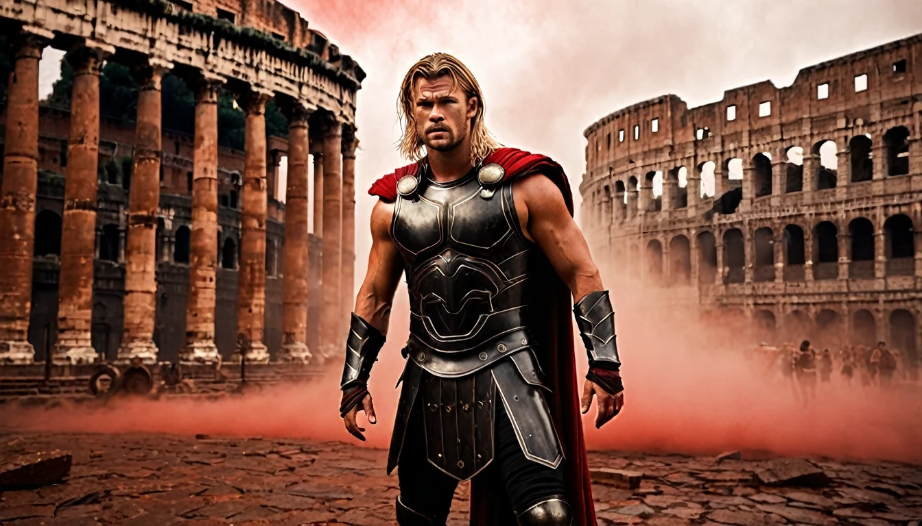 modern style movie poster, with Chris Hemsworth, long blonde hair, Roman armor, black color, rusty, fight scene, hyper-realistic, Roman coliseum in the background, red fog, cinematographic, cinematography, dark lighting, NOIR image, very detailed, sharp focus, realistic movie poster style, dynamic shot, --chaos 10 --ar 6:5 --raw style --stylize 600