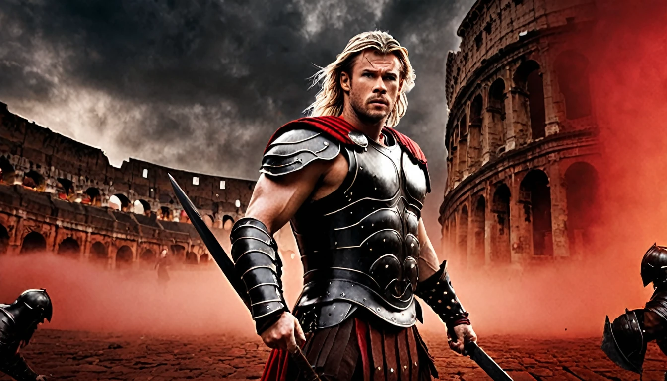 modern style movie poster, with Chris Hemsworth, long blonde hair, Roman armor, black color, rusty, fight scene, hyper-realistic, Roman coliseum in the background, red fog, cinematographic, cinematography, dark lighting, NOIR image, very detailed, sharp focus, realistic movie poster style, dynamic shot, --chaos 10 --ar 6:5 --raw style --stylize 600