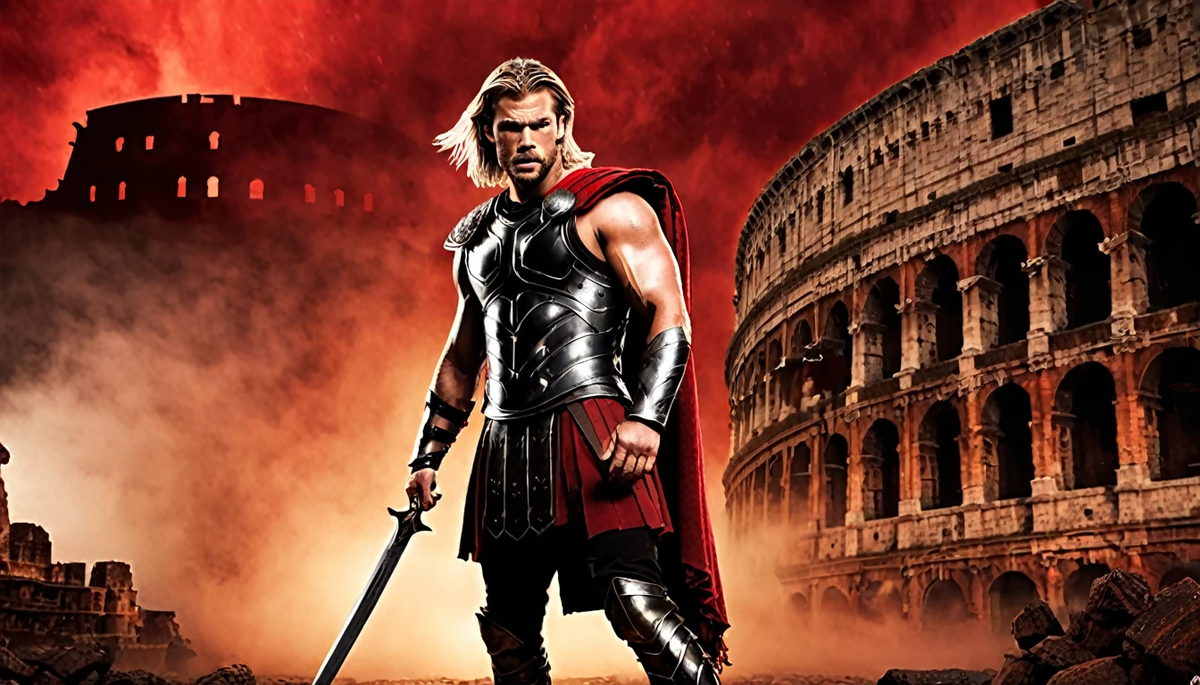 modern style movie poster, with Chris Hemsworth, long blonde hair, Roman armor, black color, rusty, fight scene, hyper-realistic, Roman coliseum in the background, red fog, cinematographic, cinematography, dark lighting, NOIR image, very detailed, sharp focus, realistic movie poster style, dynamic shot, --chaos 10 --ar 6:5 --raw style --stylize 600