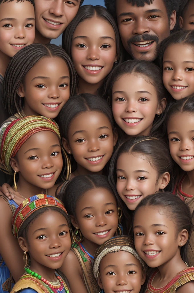 Create a highly detailed ultra realistic portrait image of a "An African family of 12 children smiling greets everyone with smiles on their faces."