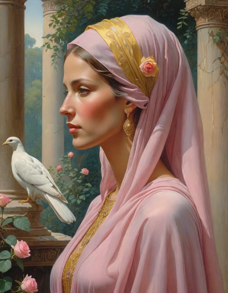 Masterpiece, ((realistic)), (propaganda poster), (((Moebius Jean Giraud))), ((((profile portrait of a veiled roman woman, young, priestess, dignified, wearing pink and yellow robes, detailed moth, rose elements, muted colors)))), (((corinthian columns with moth elements, jungle background, white doves)))