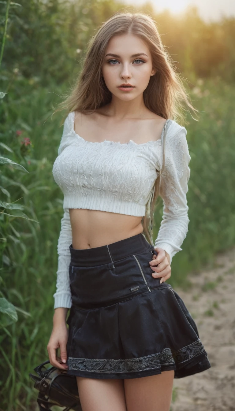 Canon 5d photography beautiful russian girl croptop half clothed mini skirt 18 years old outdoor photo realism sensual glamour, hyperrealist
