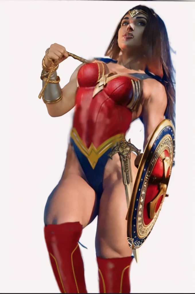 Muscular body woman, based on the DC comics character Wonder Woman, metal suit, black hair long, metal tiara, steel bracelet.