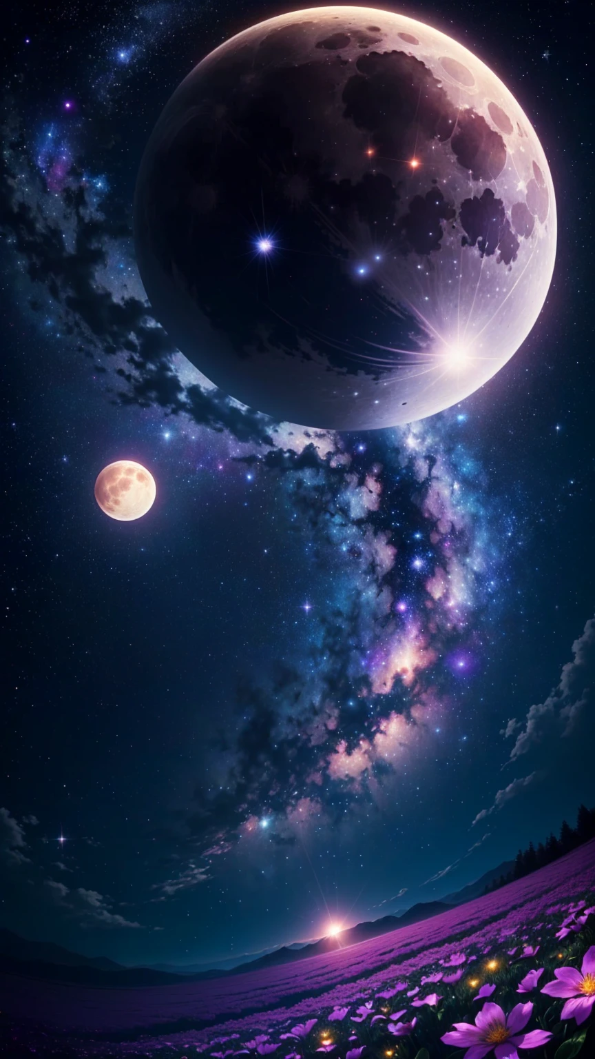 Flower field with a full moon in the background, Beautiful space, Awesome Wallpapers, Planets and Stars, Space Sky, Space Background, stars and milky way and moon, Beautiful space star planet, Stars and Moon in the Sky, Fantasy Space, Beautiful Wallpapers, Great background, Celestial Background, Moon and Stars, Surreal Space