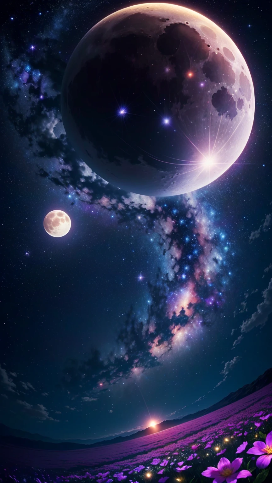 Flower field with a full moon in the background, Beautiful space, Awesome Wallpapers, Planets and Stars, Space Sky, Space Background, stars and milky way and moon, Beautiful space star planet, Stars and Moon in the Sky, Fantasy Space, Beautiful Wallpapers, Great background, Celestial Background, Moon and Stars, Surreal Space