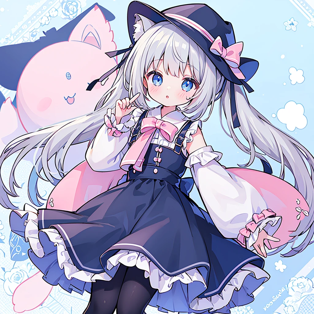 female、独奏, whole body, light blue eyeary jane shoes, pose for a photo.,long hair、twintail hair,shy,blush,Hot,masterpiece、Best image quality、top quality, wizard hat、long hair,fox ears,gray hair,(black pantyhose),blue eyes、exquisite eyes、Beautiful girl、Chubby cheeks、cute 드레스、puffy sleeves、Ruffled skirt、pink ribbon、cute、change, Magic Wand,