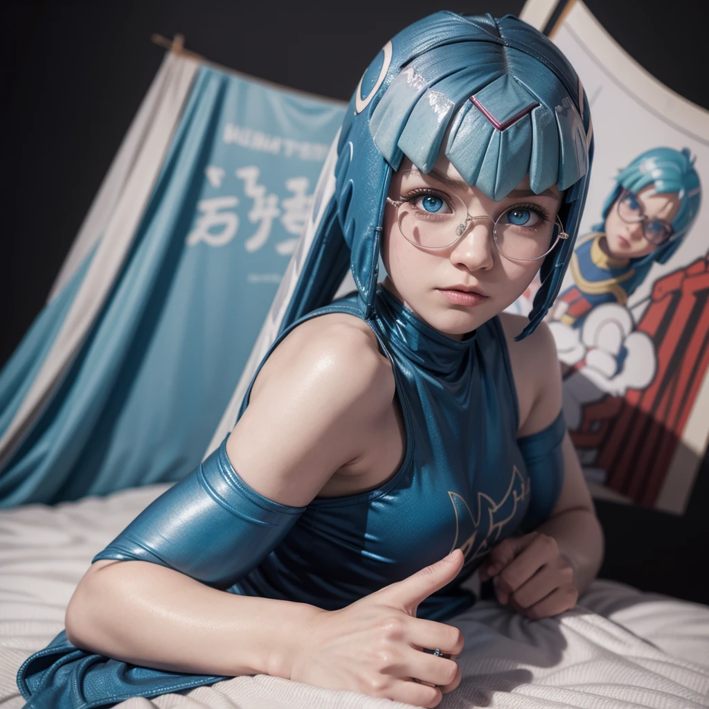 Leviathan_Megamanz, 1 Girl, looking at viewer, blue hair, Blue eyes, Simple background , Blushed , , Wedding ring, Glasses, chibi, Poster in hands
