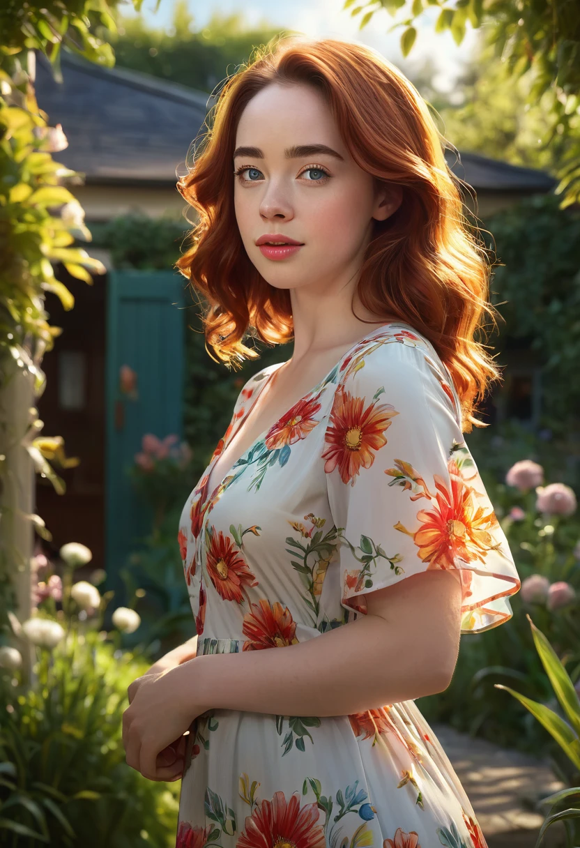 Adorable, Woman,big-eyed woman, round face. promenent lips. Smileing,In the garden,Her hands are behind her...., , large ass, wearing a cute sun dress. Picture from the side,looking at the scenes, intense colors, Very valuable details, complex details, volumetric lighting, digital art, 8k, trending on Artstation, Clear focus, complex details, highly detail, Greg Rutkowski Big Eyes, high-resolution, fiery red hair. Anna Popplewell
