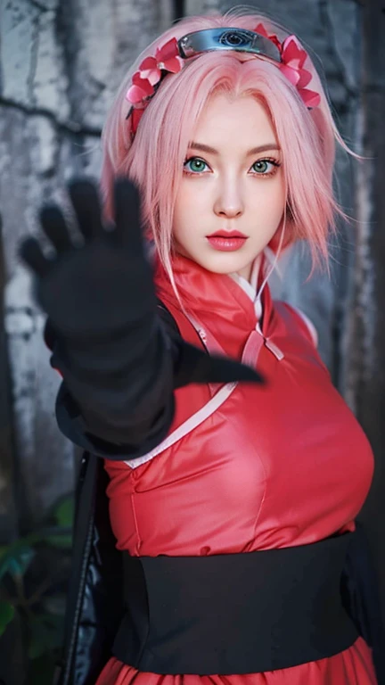 young woman pale skin, long bubblegum pink hair, pink eyebrows, big jade green eyes, buttoned nose, peach lips, small breasts, wide forehead, flower and butterfly kimono, Sakura Haruno, realistic, 3d