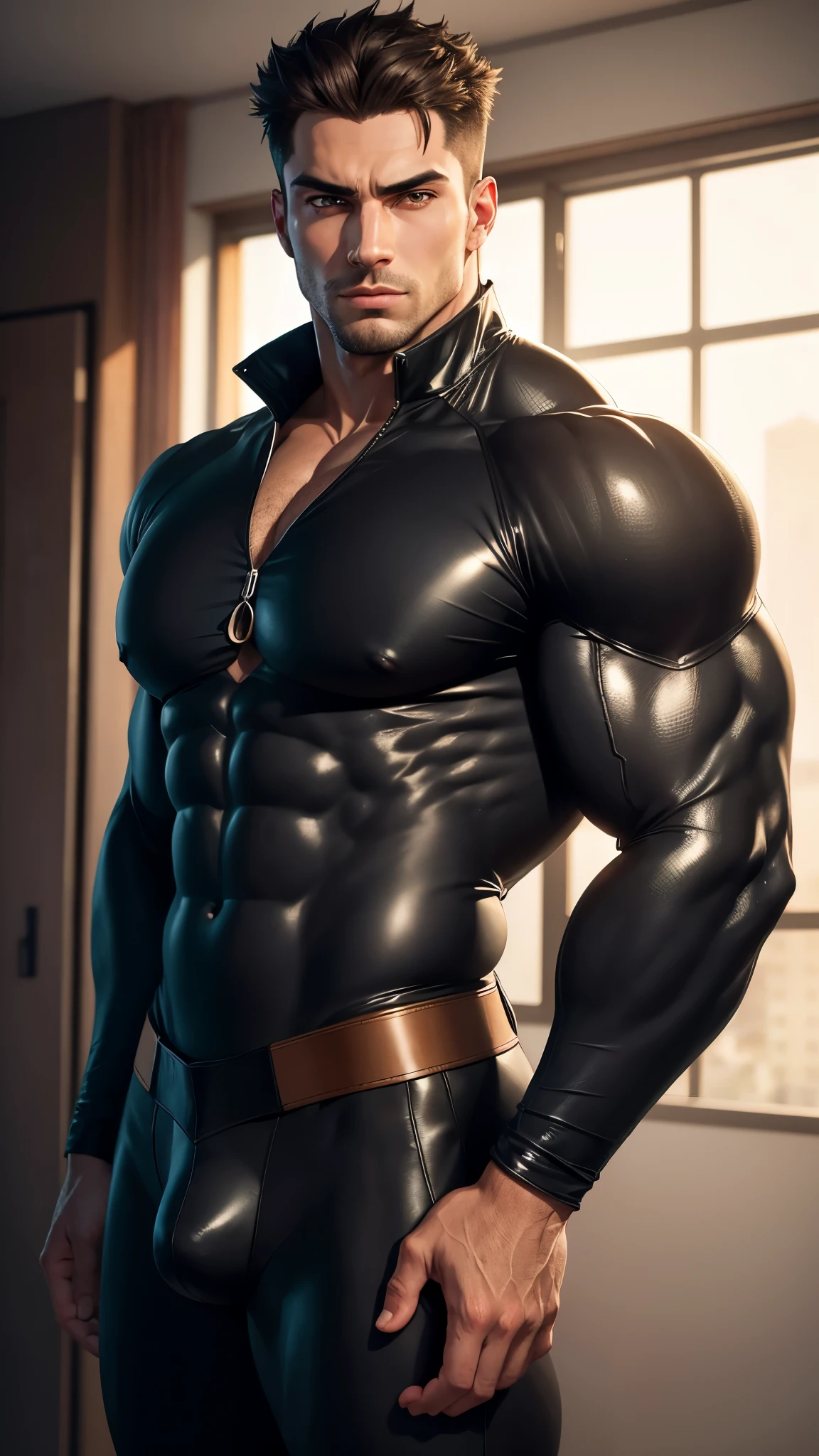 a muscular man in a black suit, big chest, oppai, gigachad, thicc, big dick bulge, extremely detailed muscular body, rubbery-looking body, tall anime-style male hero, huge glistening muscles, large muscles, sharp facial features, beautiful detailed eyes, beautiful detailed lips, extremely detailed face, (best quality,4k,8k,highres,masterpiece:1.2),ultra-detailed,(realistic,photorealistic,photo-realistic:1.37),vivid colors,dramatic lighting