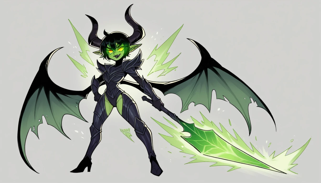 "Generate a full-body splash art image of a demonic goblin girl who is a pro in League of Legends. She should have a sinister, mischievous look with a short, wild hairstyle, possibly with streaks of green or purple. Her skin should have a greenish tint typical of goblins, with glowing eyes, one red and one yellow. She should be depicted laughing diabolically, exuding an aura of superiority and dominance, embodying the essence of a queen. She should have small, sharp horns on her head and bat-like wings. Her outfit should be a blend of dark, sinister armor and regal attire, with intricate designs in black, purple, and green, highlighted with metallic accents. The background should be a dark, mystical environment, perhaps an infernal throne room or a corrupted forest, with dramatic lighting and magical effects. The overall composition should be powerful and captivating, showcasing her as a reigning queen of darkness, ready to dominate the battlefield. Make sure to depict her in a dynamic and confident pose, highlighting her full body."