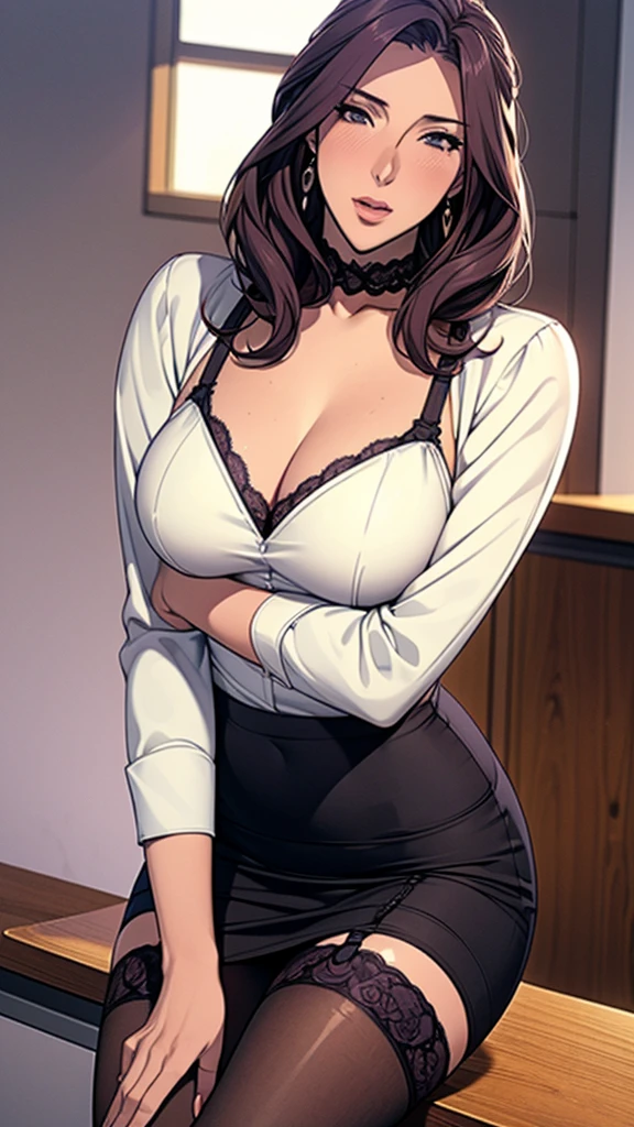 (Highest quality, Very detailed, Anime Images, Game CG, art CG, Realistic, Cinema Lighting, Perfect Shadow, Realistic lighting shading, Unity8k wallpaper), OL,Office Lady Costume, office worker (Stylish clothing), (Pencil Skirt), Black Pantyhose,Black knee high sock, Big Breasts, Long Hair, Mature Woman, (Lace panties), Perfect Eyes, Perfect Face, Earrings, (Purple garter belt: 1.1), Bible Black Style, Vulgar blush, nose, Watch Viewer, Sexy pose,Modern Office,Tabletop