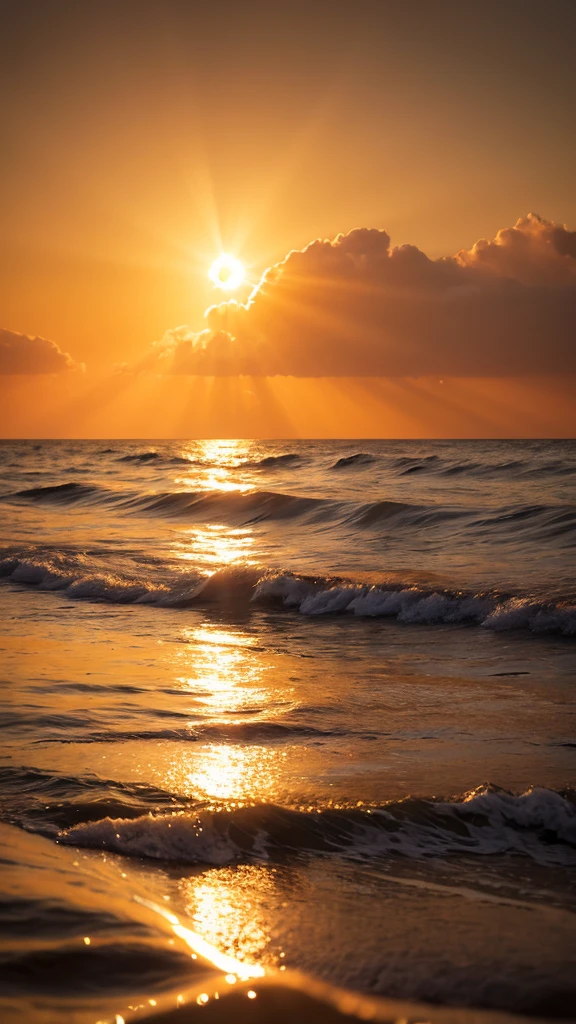 Create breathtaking 8K images of a sparkling sunrise over a calm ocean, A place where the golden rays of the sun gently illuminate the surface of the water.. The sun's vibrant orange and yellow hues light up the sky, It gives off a warm glow that conveys a sense of hope and renewal.. In the foreground, Imagine a clear glass sphere filled with countless bubbles lit by sunlight.. These bubbles, It is made up of countless tiny gold reflective particles., Dancing in a sphere、Sparkling, Fascinating light effects. The fleeting presence of each bubble leaves a lasting impression on the glass, Like the moments of joy and happiness that remain in our hearts