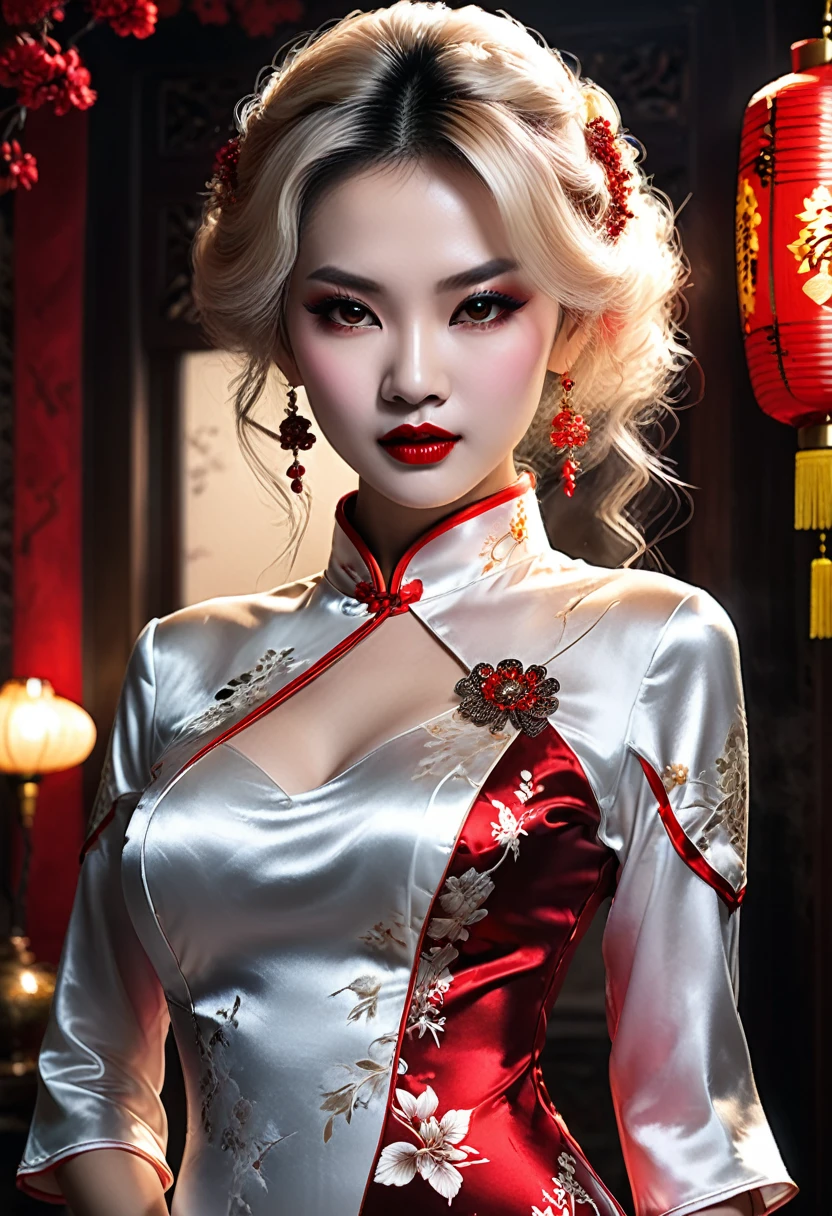 a beautiful female vampire wearing a (blood stained white Cheongsam: 1.5), an extremely beautiful female vampire, ultra detailed face, blond hair, long hair, wavy hair, dark glamour make up, pale skin, red lips, glowing red eyes, visible vampiric fangs, she wears a ((white Cheongsam: 1.5)), elegant, intricate detailed Cheongsam, silk Cheongsam, small cleavage, ((Cheongsam is decorated with gems: 1.4)), she wears elegant knee high heeled boots, exquisite knee high heeled boots, there are stains of blood on the upper part of the dress, dynamic background, best details, best quality, highres, ultra wide angle, 16k, [ultra detailed], masterpiece, best quality, (extremely detailed), full body, ultra wide shot, photorealistic, fantasy art, dnd art, rpg art, realistic art, dark novel,