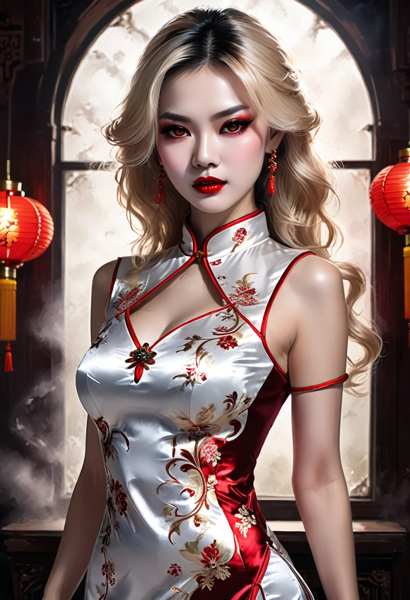 a beautiful female vampire wearing a (blood stained white Cheongsam: 1.5), an extremely beautiful female vampire, ultra detailed face, blond hair, long hair, wavy hair, dark glamour make up, pale skin, red lips, glowing red eyes, visible vampiric fangs, she wears a ((white Cheongsam: 1.5)), elegant, intricate detailed Cheongsam, silk Cheongsam, small cleavage, ((Cheongsam is decorated with gems: 1.4)), she wears elegant knee high heeled boots, exquisite knee high heeled boots, there are stains of blood on the upper part of the dress, dynamic background, best details, best quality, highres, ultra wide angle, 16k, [ultra detailed], masterpiece, best quality, (extremely detailed), full body, ultra wide shot, photorealistic, fantasy art, dnd art, rpg art, realistic art, dark novel,