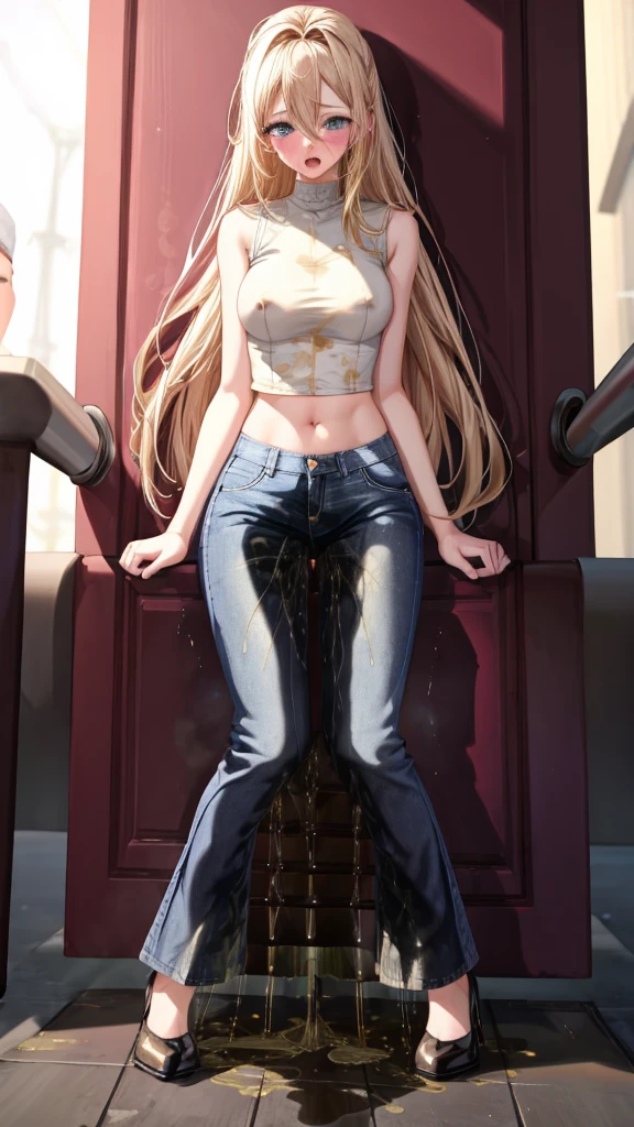 best quality, highres, 8k, masterpiece, immersive atmosphere, chiaroscuro:(1.5, bright light:1.2, luminous lighting), blurring, (background blur:1.5),
(dynamic angle, standing:1.2), outdoors, downtown, (legs focus, full body:1.5), delicate features, (beautiful face, beautiful eyes, beautiful legs), not safe for work, (opaque:1.5), high contrast, (peeing self:1.9), wetting herself, (pee stain:1.7), peeing herself, (urination:1.7),
1girl, (solo), 20 years old, white skin, blue eyes, blonde hair, straight hair, very long hair, forehead, bright lips, blush, scared, panicking, open mouth, looking at viewer, (slender figure:1.1), (white croptop:1.2), sleeveless, (hard nipples), navel, (hands between legs:1.4), (blue jeans:1.4, flares pants:1.2), (black heels:1.2), (knees together feet apart:1.4)