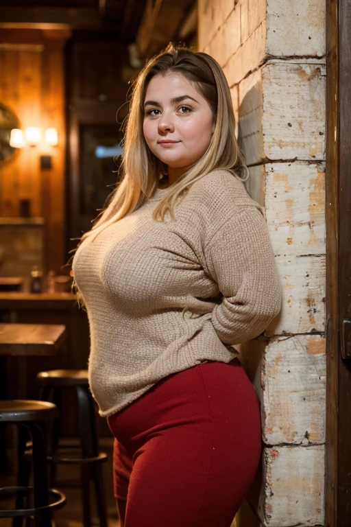 An overweight drunk Russian girl with a beautiful face in autumn clothes stands with her back to the camera leaning sideways against the wall in a bar