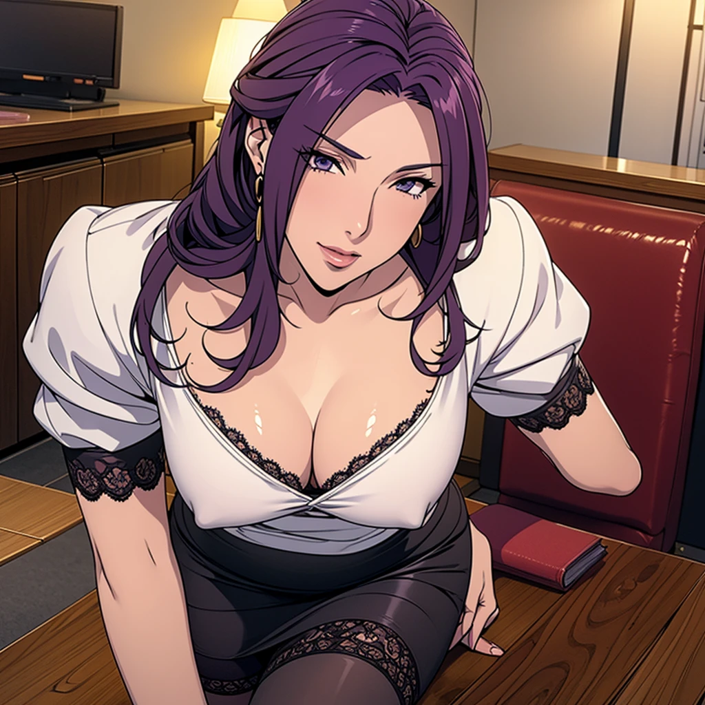 (Highest quality, Very detailed, Anime Images, Game CG, art CG, Realistic, Cinema Lighting, Perfect Shadow, Realistic lighting shading, Unity8k wallpaper), OL,Office Lady Costume, office worker (Stylish clothing), (Pencil Skirt), Black Pantyhose,Black knee high sock, Big Breasts, Long Hair, Mature Woman, (Lace panties), Perfect Eyes, Perfect Face, Earrings, (Purple garter belt: 1.1), Bible Black Style, Vulgar blush, nose, Watch Viewer, pose,Modern Office,Tabletop