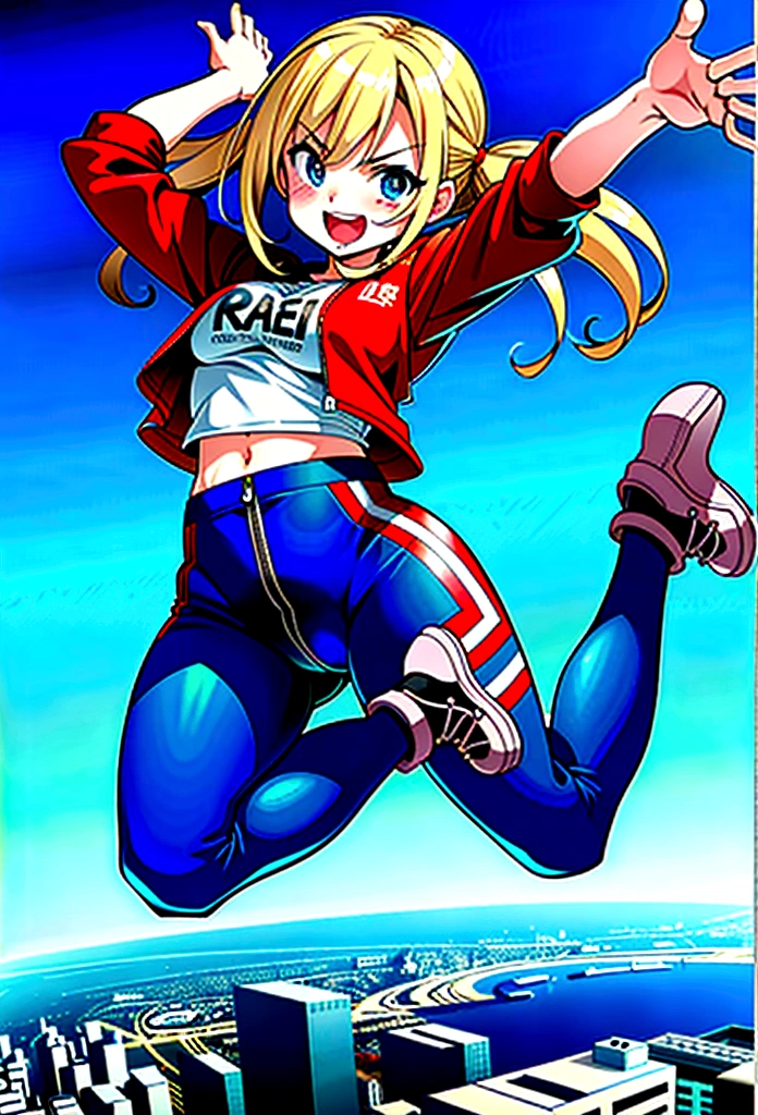 happy girl, jumping in the middle of a city, adults with angry faces