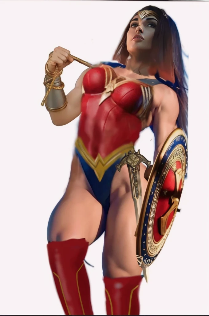 Muscular body woman, based on the DC comics character Wonder Woman, metal suit, black hair long, metal tiara, steel bracelet.