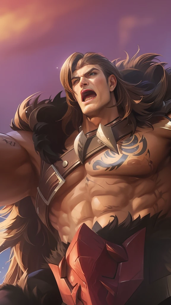 1man, 30 years old, Brown hair, cosplayer, handsome man, Brown and red armor, Tigreal Mobile Legend, Realistic, Ultra detail,