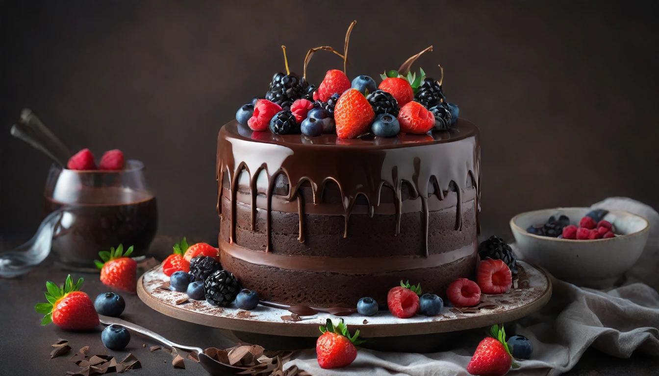 food photography style a chocolate cake with layers of rich chocolate ganache and fresh berries aiga, appetizing, professional, culinary, high-resolution, commercial, highly detailed. 