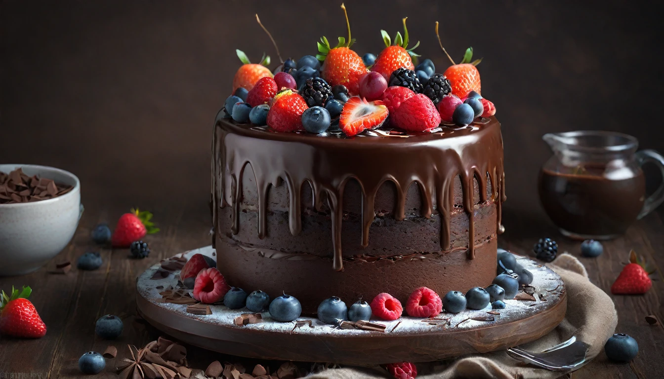 food photography style a chocolate cake with layers of rich chocolate ganache and fresh berries aiga, appetizing, professional, culinary, high-resolution, commercial, highly detailed. 