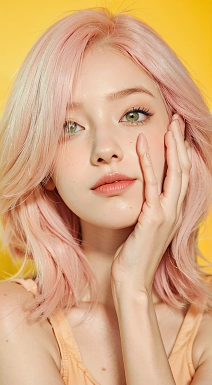 young woman pale skin, long bubblegum pink hair, pink eyebrows, big jade green eyes, buttoned nose, peach lips, small breasts, wide forehead, flower and butterfly kimono, Sakura Haruno, realistic, 3d