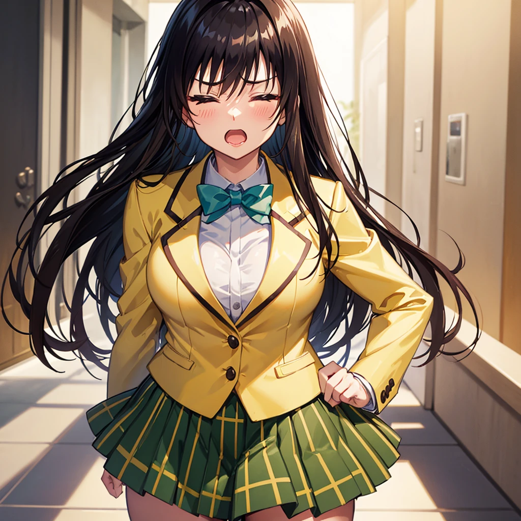 masterpiece, best quality, defYui, yellow blazer, long sleeves, green bowtie, plaid miniskirt, large breasts, closed eyes, open mouth, furrowed brow, annoyed, hand to hip, looking at viewer, blush, hallway, fist