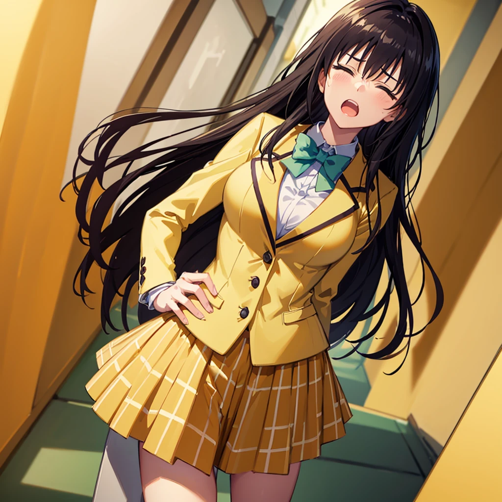 masterpiece, best quality, defYui, yellow blazer, long sleeves, green bowtie, plaid miniskirt, large breasts, closed eyes, open mouth, furrowed brow, annoyed, hand to hip, looking at viewer, blush, hallway, fist