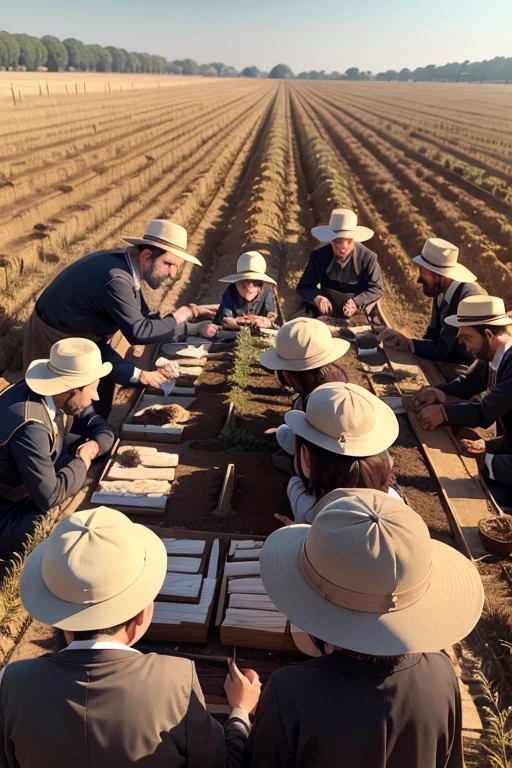 medium shot of Jewish families working in the field( several Jewish families together working sowing in a single image) horizontal
