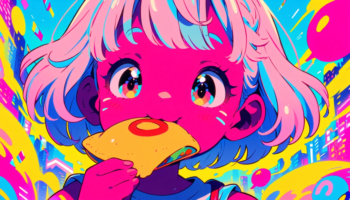 1 female, Light blue hair, short hair、Happy,cute, animation style, kawaii, clearly, colorful cyberpunk, bubblegum pop, cute、Pink and light blue as main colors、eating omelet rice、Anime Style、