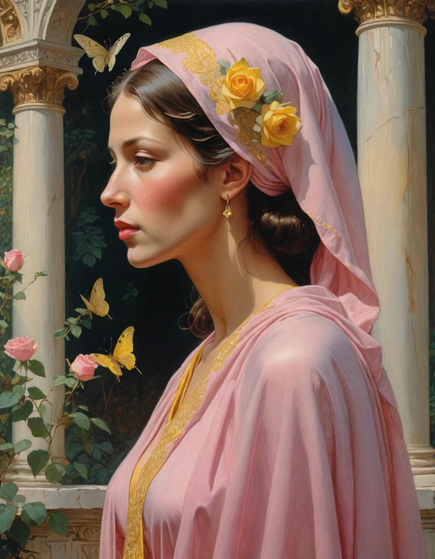 Masterpiece, ((realistic)), (propaganda poster), (((Moebius Jean Giraud))), ((((profile portrait of a veiled roman woman, young, priestess, dignified, wearing pink and yellow robes, detailed moth, rose elements, muted colors)))), (((corinthian columns with moth elements, jungle background, white moths)))