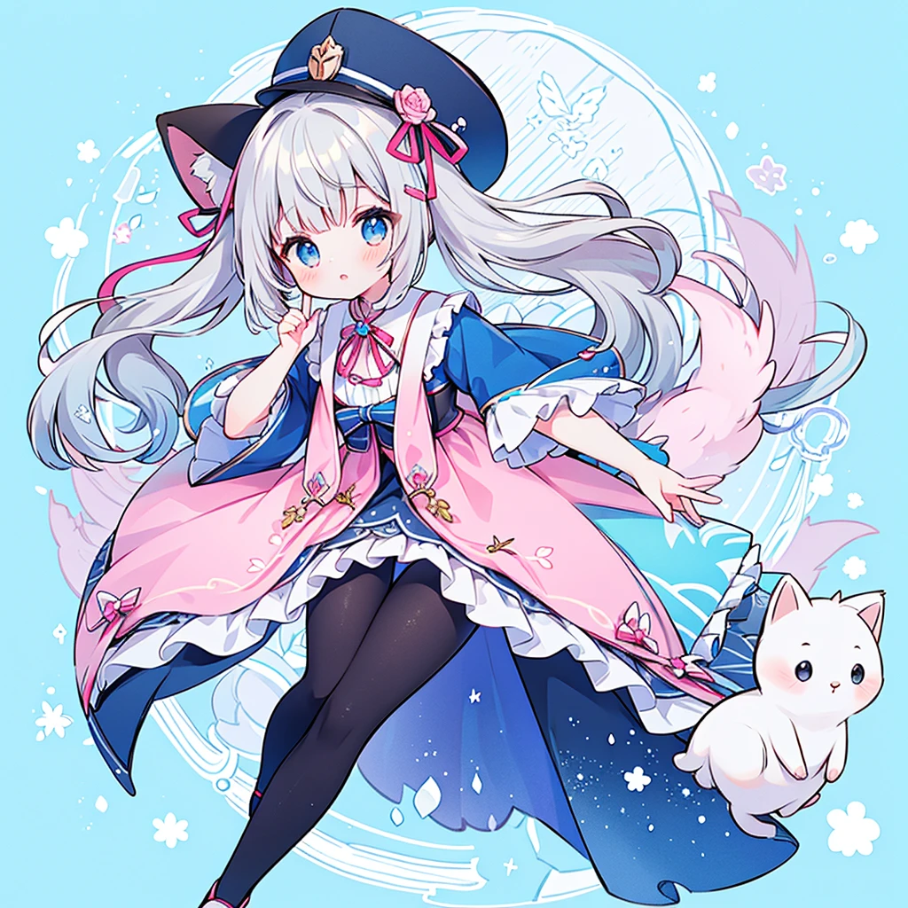 female、独奏, whole body, light blue eyeary jane shoes, pose for a photo.,long hair、twintail hair,shy,blush,Hot,masterpiece、Best image quality、top quality, wizard hat、long hair,fox ears,gray hair,(black pantyhose),blue eyes、exquisite eyes、Beautiful girl、Chubby cheeks、cute 드레스、puffy sleeves、Ruffled skirt、pink ribbon、cute、change, Magic Wand,