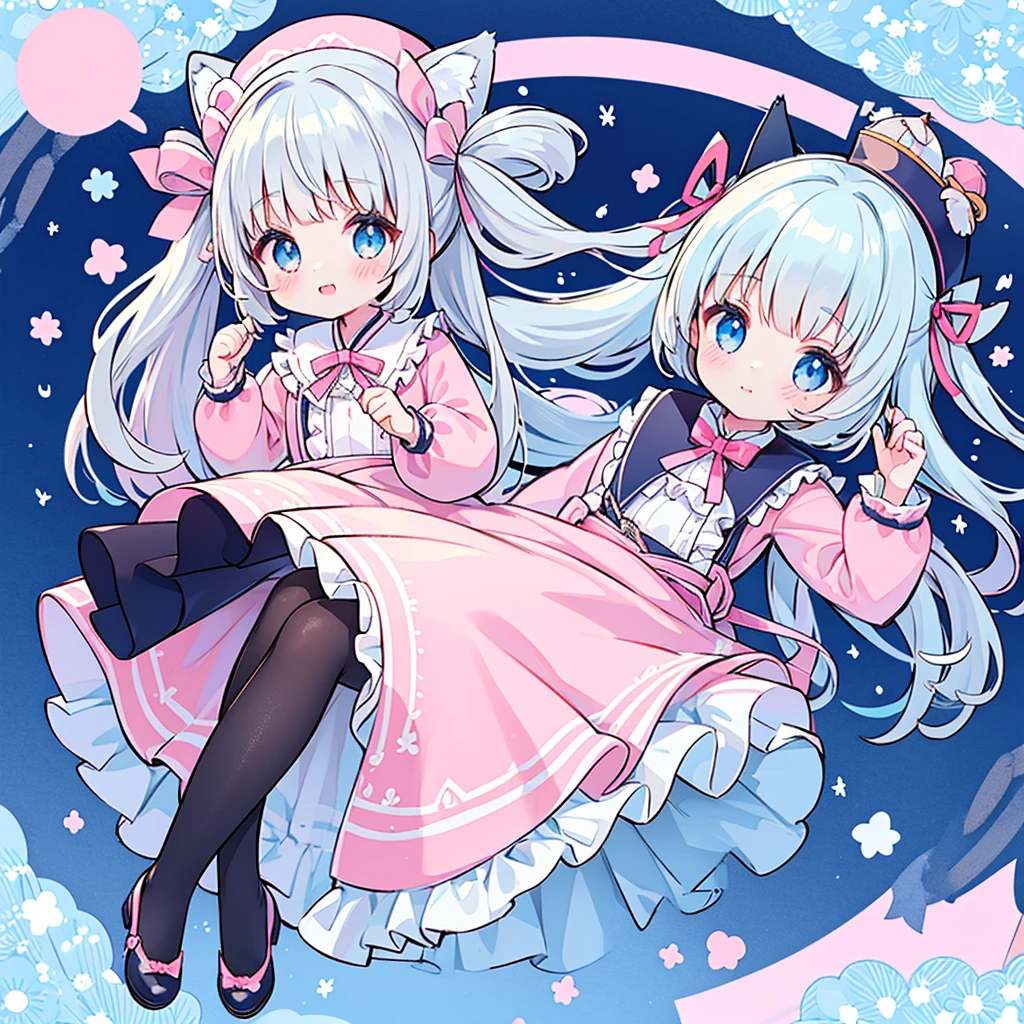female、独奏, whole body, light blue eyeary jane shoes, pose for a photo.,long hair、twintail hair,shy,blush,Hot,masterpiece、Best image quality、top quality, wizard hat、long hair,fox ears,gray hair,(black pantyhose),blue eyes、exquisite eyes、Beautiful girl、Chubby cheeks、cute 드레스、puffy sleeves、Ruffled skirt、pink ribbon、cute、change, Magic Wand,