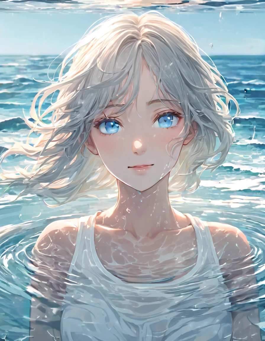 Anime style female character in water, (Kind expression:1.1), blue colored eyes, white top, (rippling effect of water around the body:1.3), sunlight reflecting on the water, Clear sky, subtle splashes of water, high-resolution digital art, soft color palette, atmosfera tranquila, (serene ocean background:1.1), Realistic water texture