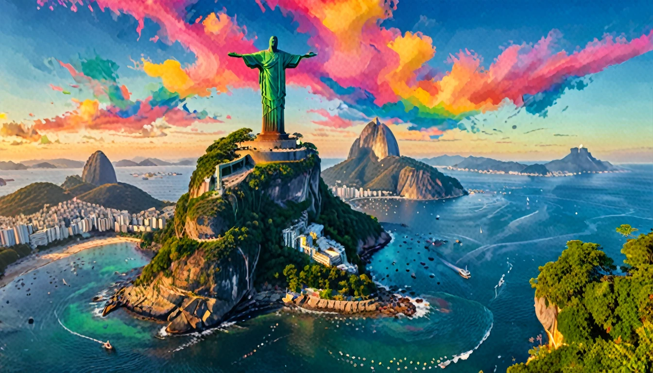Reality,4K,8K, Vibrant and colorful landscape ,Brazil,Rio de Janeiro,Christ the Redeemer ,Ocean,With bold brushstrokes and unnatural colors,vibrating color, Inspired by Henri Matisse.