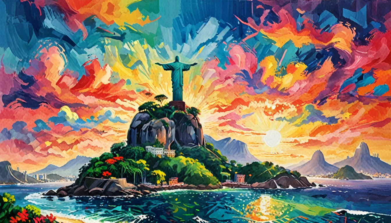 Reality,4K,8K, Vibrant and colorful landscape ,Brazil,Rio de Janeiro,Christ the Redeemer ,Ocean,With bold brushstrokes and unnatural colors,vibrating color, Inspired by Henri Matisse.