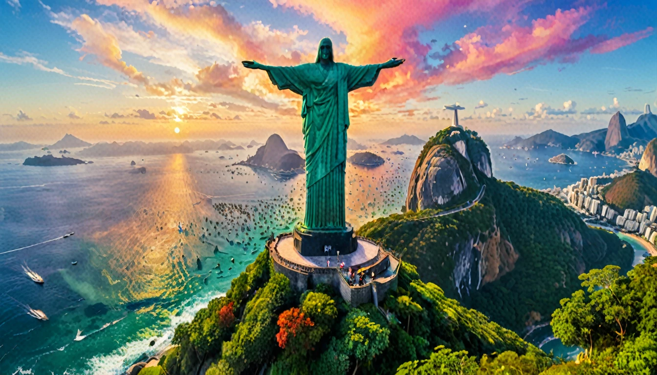 Reality,4K,8K, Vibrant and colorful landscape ,Brazil,Rio de Janeiro,Christ the Redeemer ,Ocean,With bold brushstrokes and unnatural colors,vibrating color, Inspired by Henri Matisse.